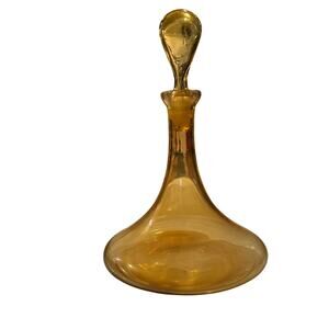 Vintage Hand Blown Empoli? Italian Amber Glass Decanter with Teardrop Stopper